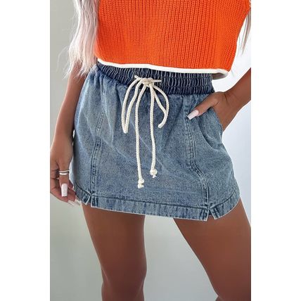 Dusk Blue Drawstring High Waist Pocketed Denim Shorts