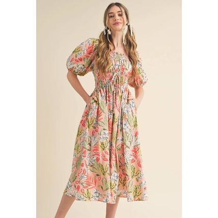 Apricot Pink Floral Smocked Bust Bubble Short Sleeve Maxi Dress