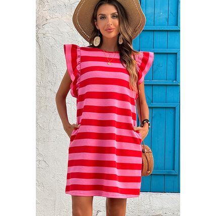 Red Stripe Flutter Sleeve Round Neck Shift Dress