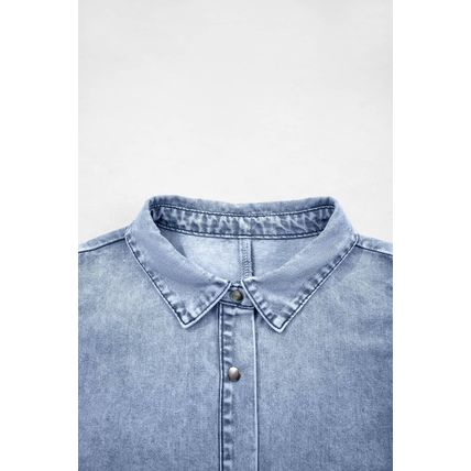 Beau Blue Double Ruffled Sleeves Buttoned A-line Collared Mini Denim Dress