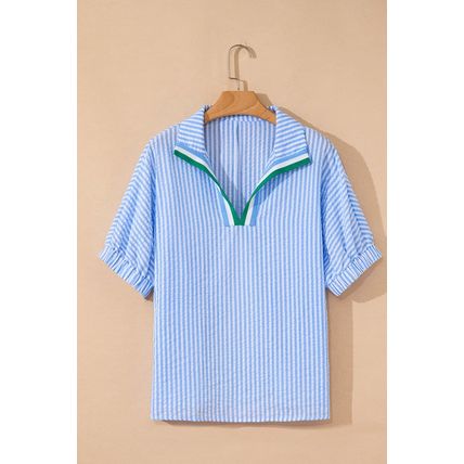 Sky Blue Striped Print Contrast Split Neck Dolman Sleeve Blouse