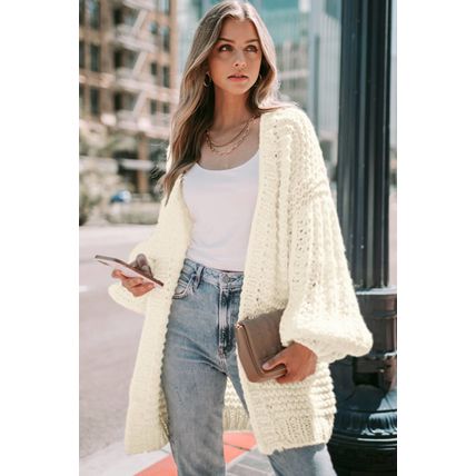 White Chunky Oversize Knit Drop Shoulder Puff Sleeve Cardigan