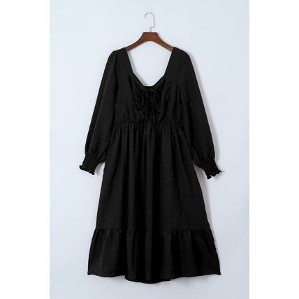 Black Lace-up Ruched Front Long Sleeve Ruffle Hem Plus Size Midi Dress