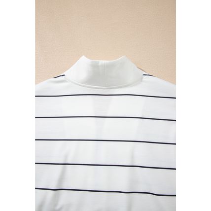 White Zip V Neck Casual Stripe Print Drop Shoulder Long Sleeve Top