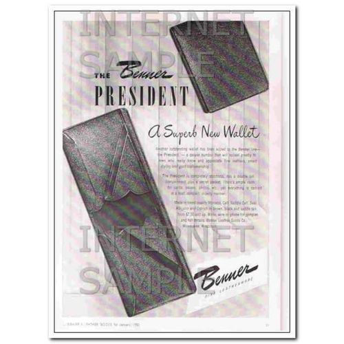 BENNER LEATHER GOODS COMPANY 1950 President superb wallet vintage ad