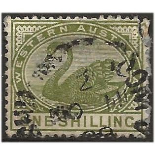 Western Australia 1885 SG102 1/- Olive-Green Wmk Crown CA P12.5 Fine Used . .. .
