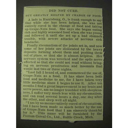 1900 Post Grape-Nuts Cereal Ad - Did not cure. But greatly helped