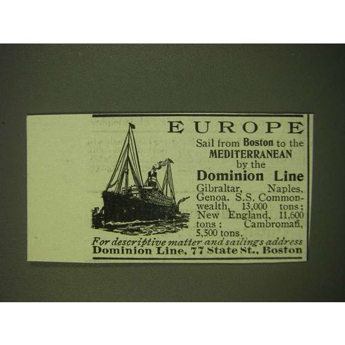 1902 Dominion Line Ad - Europe sail from Boston to the Mediterranean