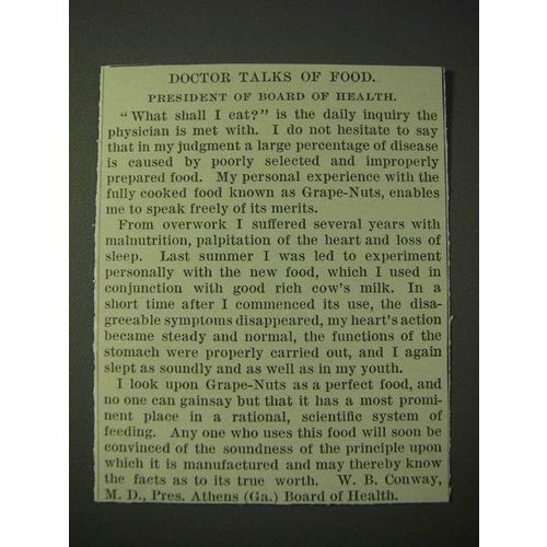 1900 Post Grape-Nuts Cereal Ad - Doctor talks of food