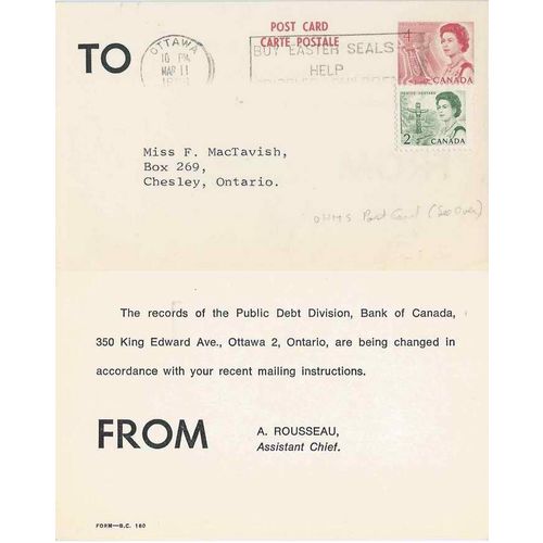 Canada. #P101a Postal Card Centennial OHMS Official Bank of Canada 1969 UNLISTED