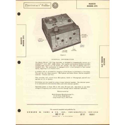 MASCO model 375 magnetic tape recorder Sams Photofact manual