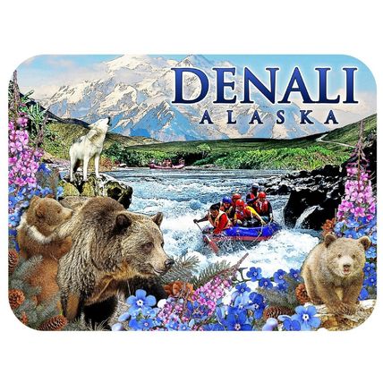 Denali Alaska with Rafting and Wildlife Landscape Fridge Magnet