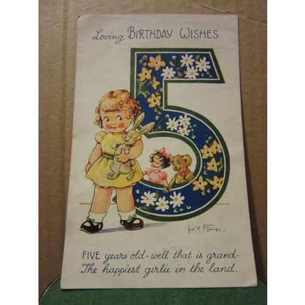 BIRTHDAY, 5 years old by Kit Fores .. unused vintage postcard by Regent