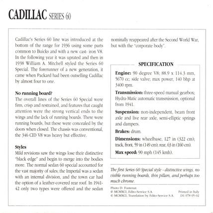 Collectors Club card. Classic Cars. Cadillac Series 60