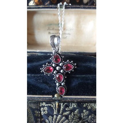 Vintage 1980-s 925 Sterling Silver Red Garnet Cross Pendant on 20 inch Chain