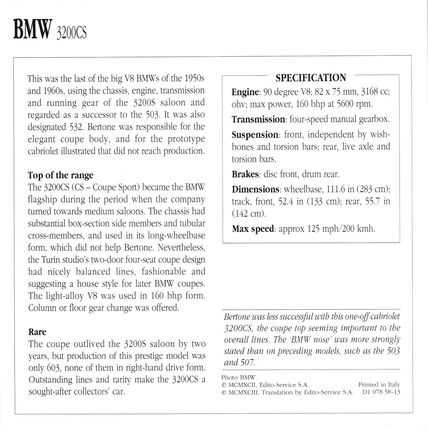 Collectors Club card. Classic Cars. BMW 3200CS
