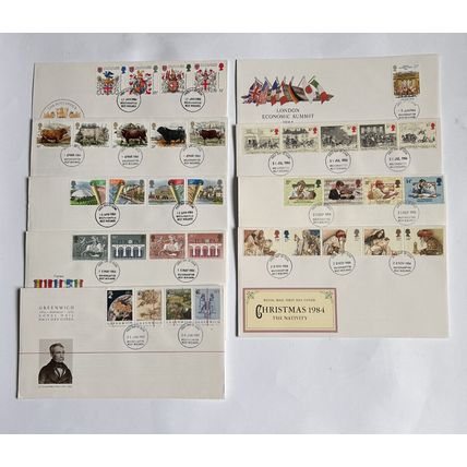 ALL 9 1984 year GB QEII FDCs Cattle Heraldry Europa Summit Royal Mail Summit VGC