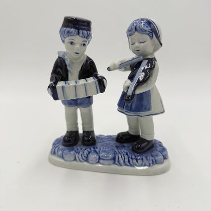 Delft Blue Pottery Dutch Boy & Girl Hand Painted Musician Figurine 5” Vintage
