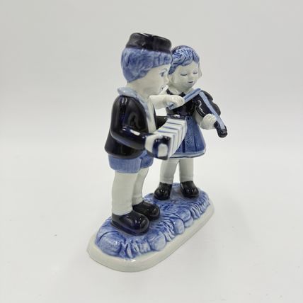 Delft Blue Pottery Dutch Boy & Girl Hand Painted Musician Figurine 5” Vintage
