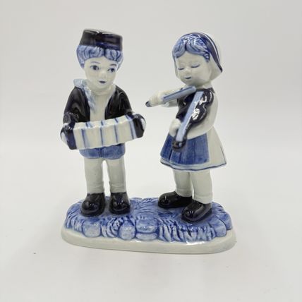 Delft Blue Pottery Dutch Boy & Girl Hand Painted Musician Figurine 5” Vintage