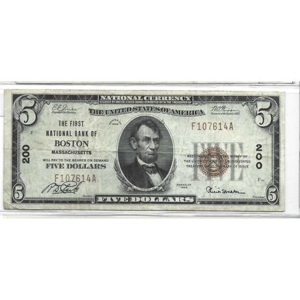1929 The First National Bank of Boston $5.00 Bill Bank #200 VF
