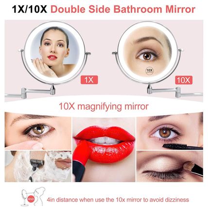 Rechargeable Wall Mounted Lighted Makeup Vanity Mirror 8 Inch Double Sided 1X 10