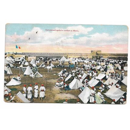 Postcard Morocco soldiers fort Gibraltar stamp overprint Morocco Agencies 1909