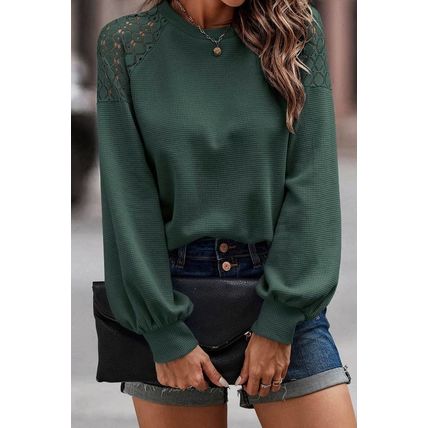 Green Lace Long Sleeve Textured Pullover