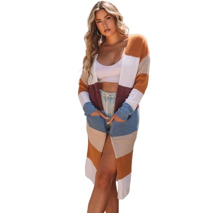 Multicolor Colorblock Open Front Long Knit Cardigan
