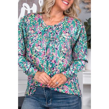 Green Floral Pleated Round Neck Long Sleeve Blouse