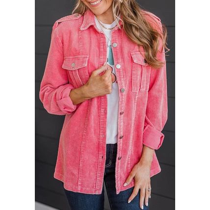 Pink Buttoned Flap Pocket Corduroy Jacket
