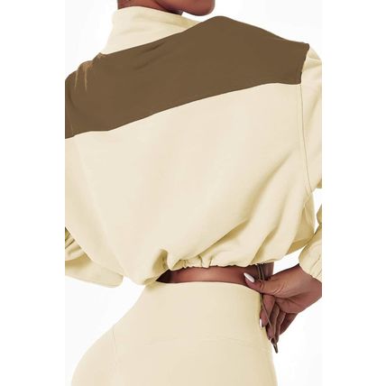 Beige Color Block Drawstring Cropped Athleisure Jacket