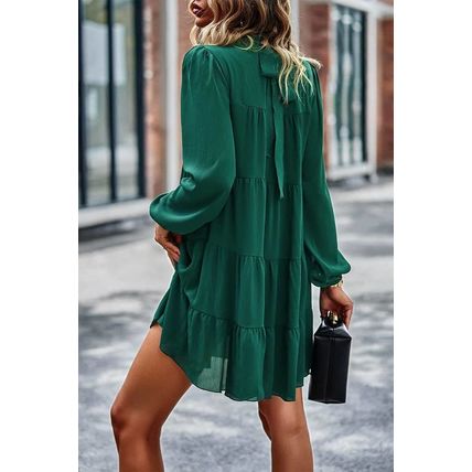 Green Puff Sleeve Mock Neck Back Knot Tiered Dress