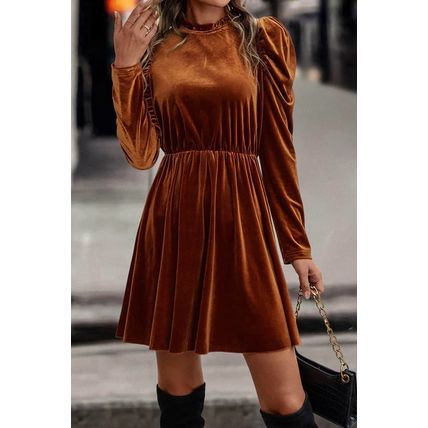 Chestnut Velvet Frilled Neck Gigot Sleeve Swing Dress