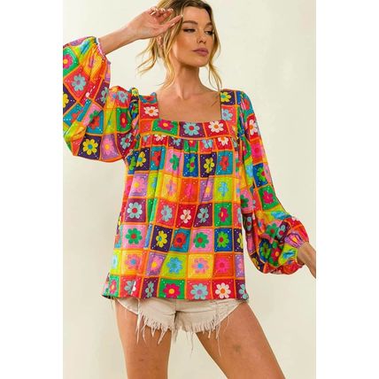 Multicolor Floral Crochet Square Neck Puff Sleeve Blouse