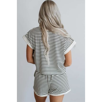 White Stripe Contrast Edge Tee and Shorts Set