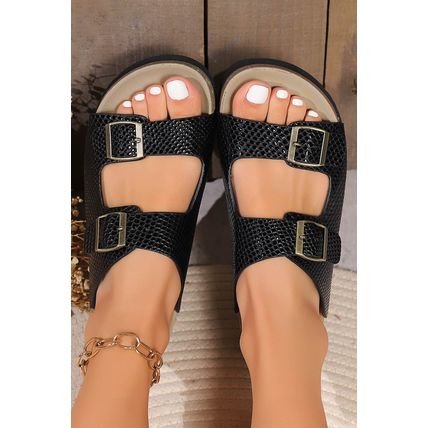 Black Suede Textured Buckle Straps Beach Slippers