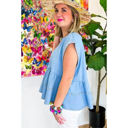 Beau Blue Trendy Stitching Detail Denim Peplum Top