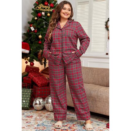 Red Plaid Printed Shirt and Pants Plus Size Lounge Set