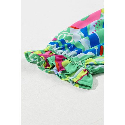 Green Abstract Printed Flounce Sleeve V Neck Buttoned Plus Size Blouse