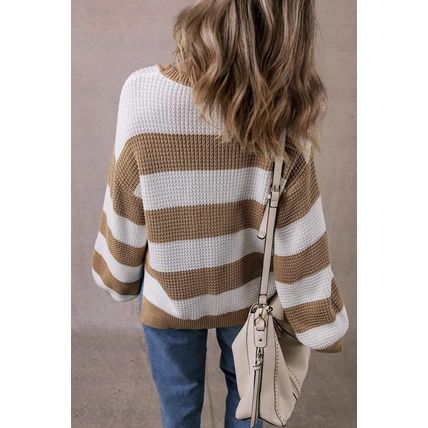 Light French Beige Colorblock Striped Drop Shoulder Side Slit Sweater