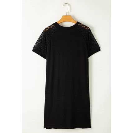 Black Contrast Lace Raglan Sleeve Pleated Detail Shift Dress