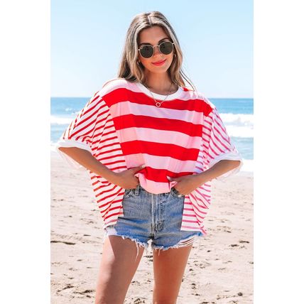 Pink Stripe Patchwork Round Neck Side Split Loose T Shirt