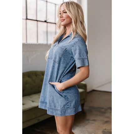 Beau Blue Short Sleeve Collared Patched Pocket Denim Mini Dress