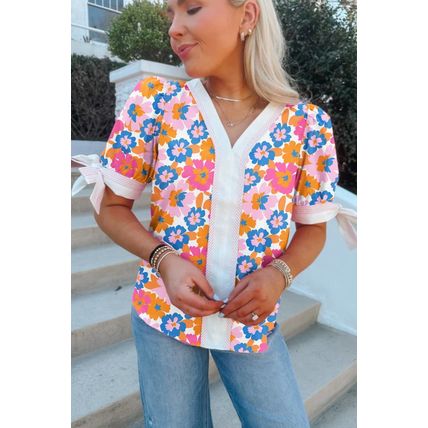 White Floral Colorblock Striped Edge V Neck Knotted Short Sleeve Blouse