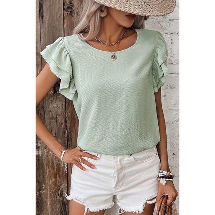 Clearly Aqua Solid Color Ruffled Short Sleeve Casual Blouse