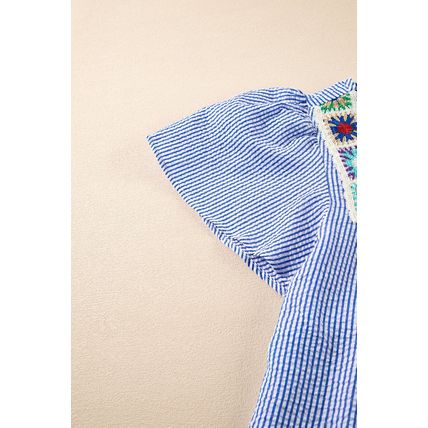 Sky Blue Stripe Textured Ruffle Short Sleeve Boho Detail Square Neck Blouse