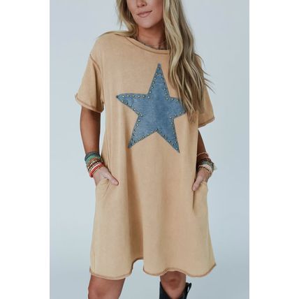Pale Khaki Mineral Wash Stud Beaded Star Graphic Pocketed T Shirt Dress