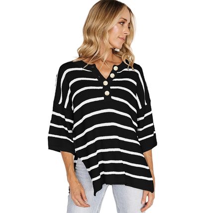 Black Stripe Henley Buttoned Placket Drop Shoulder Bracelet Sleeve Knit Sweater