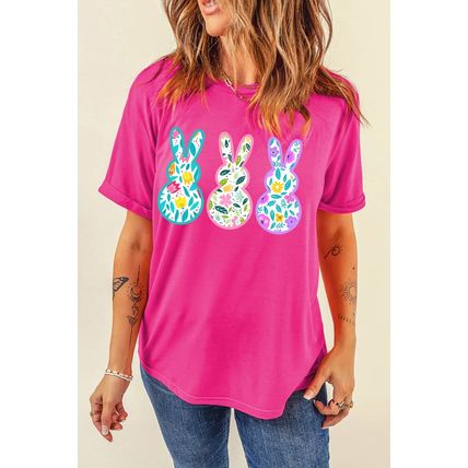Rose Red Floral Easter Bunny Graphic Crew Neck Easter Tee